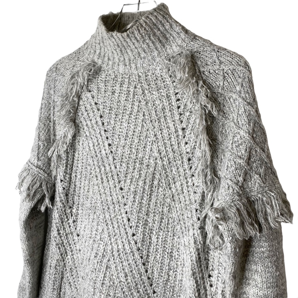 John & Jenn Chunky Mock Neck Fringe Boho Sweater Tan Grey Cream Size Medium - Picture 3 of 5